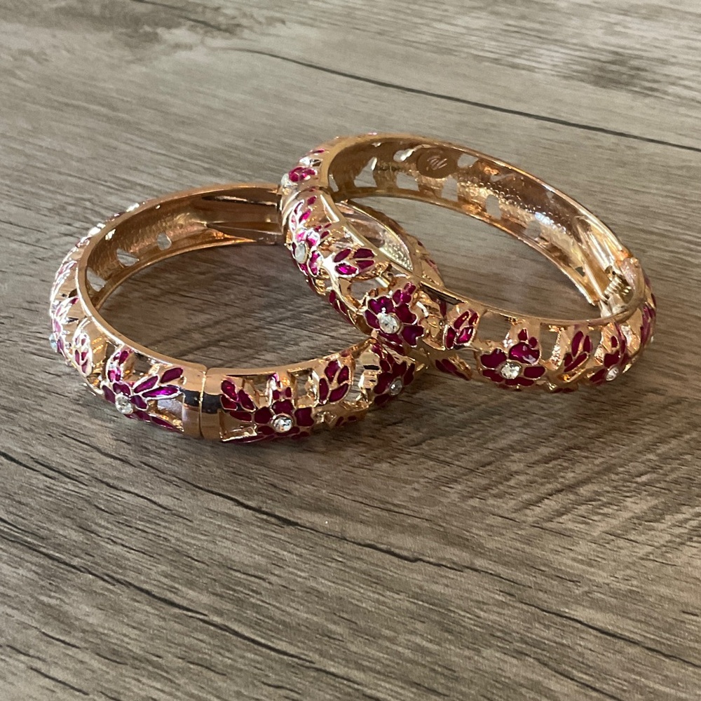 Gold-Tone Floral Bangle Bracelets with Pinkish purple Enamel and Crystal Accents